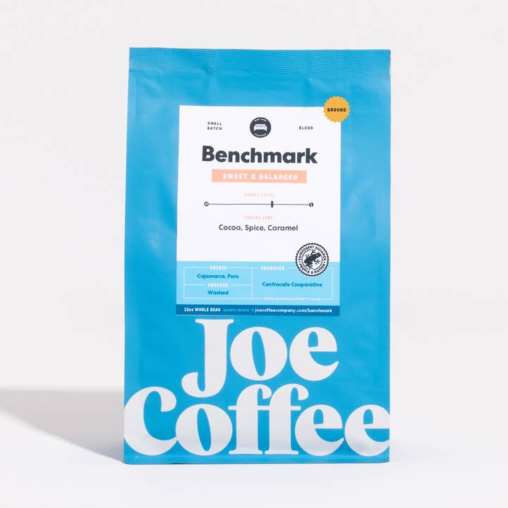 Benchmark Medium Roast Coffee, 12 oz, Kosher, Rainforest Alliance Certified, NYC Roaster for wholesale by Joe Coffee Company