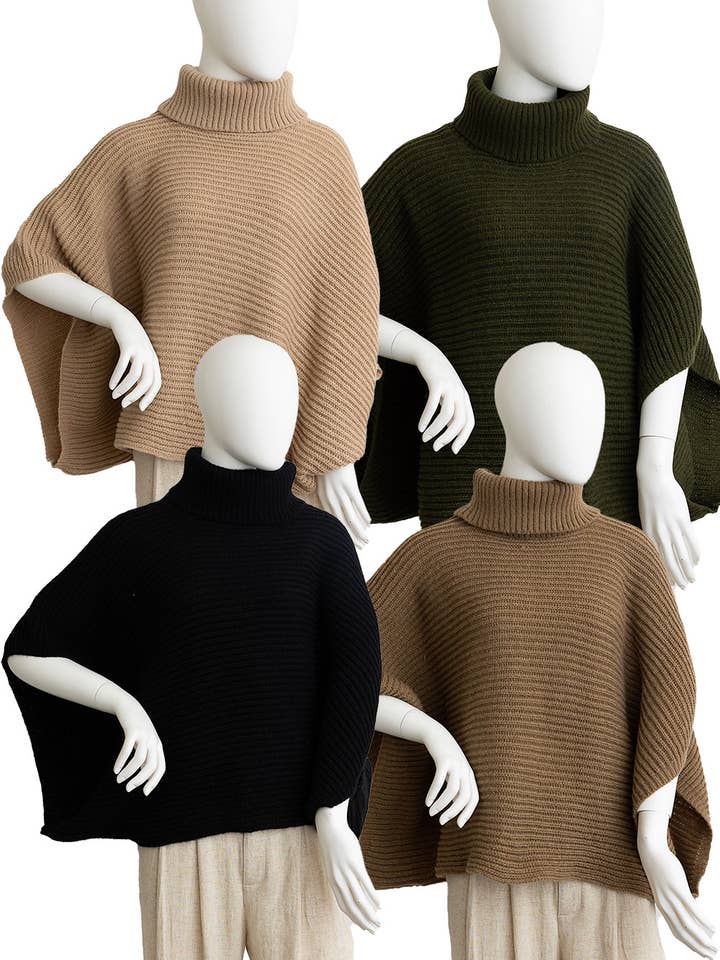 Leto Accessories - Wholesale Poncho - Women's - 🐢 Turtleneck Ribbed Knit Poncho w/ Armholes