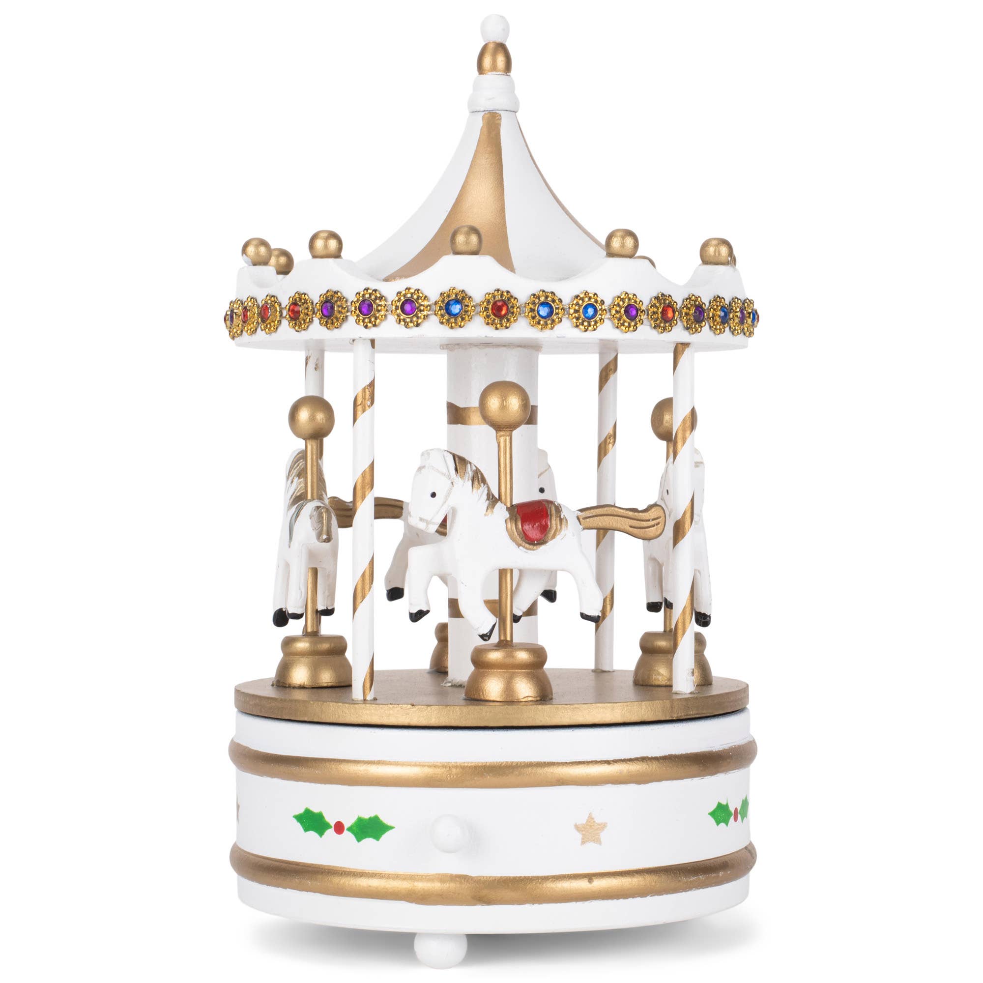 EAST AVENUE - Wholesale Decorative Tabletop Object - Rotating Carousel White 9-in Wood Musical Christmas Figurine3