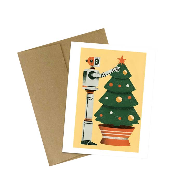 Tarjeta de Navidad de robot retro futurista amarillo de mediados de siglo para venta al por mayor de Cryptic Paper Co.