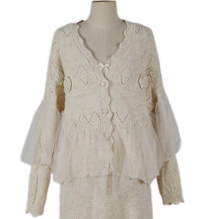 PEACH ACCESSORIES - Wholesale Cardigan - Women's - Knitted Cardigan with Lace Detail SDK1534