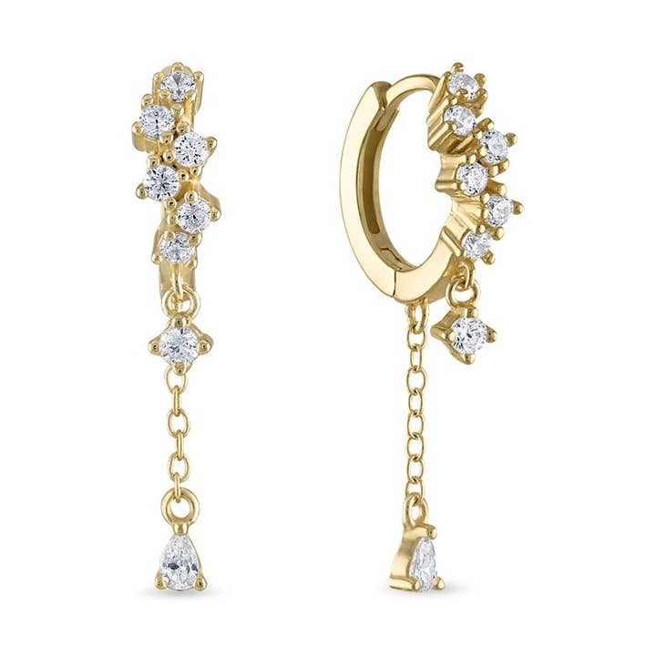 14k Vermeil Cluster Huggie with Dangle Chain Drop Earrings for wholesale by Emily Volaski