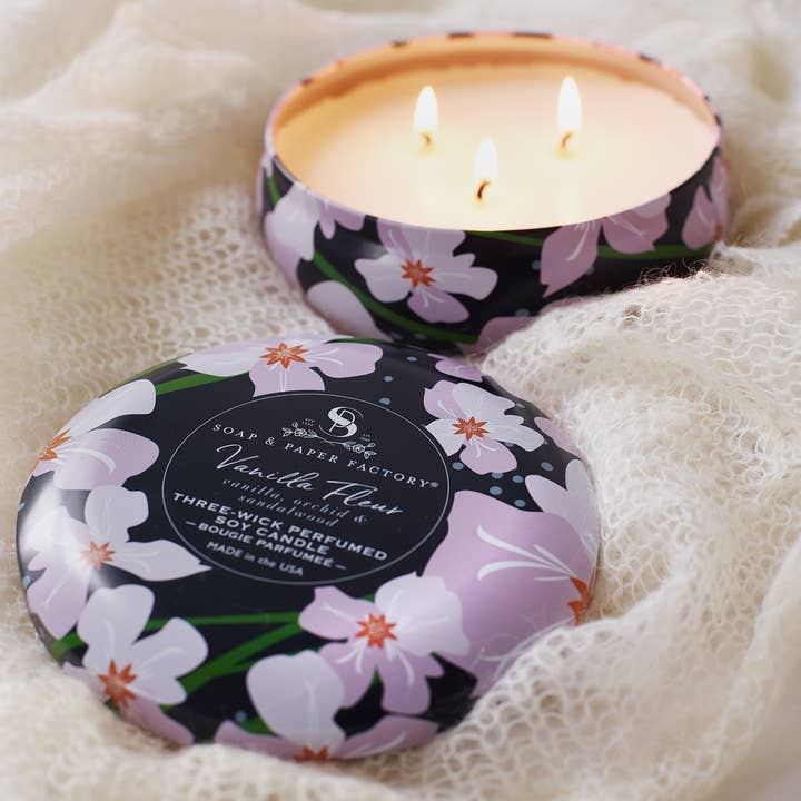 Soap & Paper Factory - Wholesale Travel Candles - Vanilla Fleur Three-Wick Tin Soy Candle
