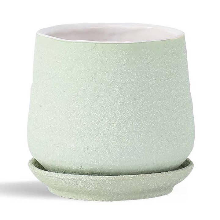 Hand Rolled Pot With Attached Saucer, Sand Sage Green for wholesale by Pacific Home & Garden