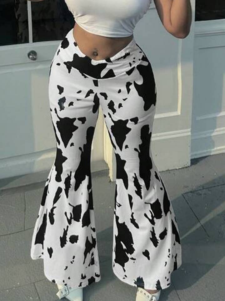 WHITE CWBLP1734_COW PRINT HIGH WAIST FLARED CASUAL TROUSERS for wholesale on Faire1