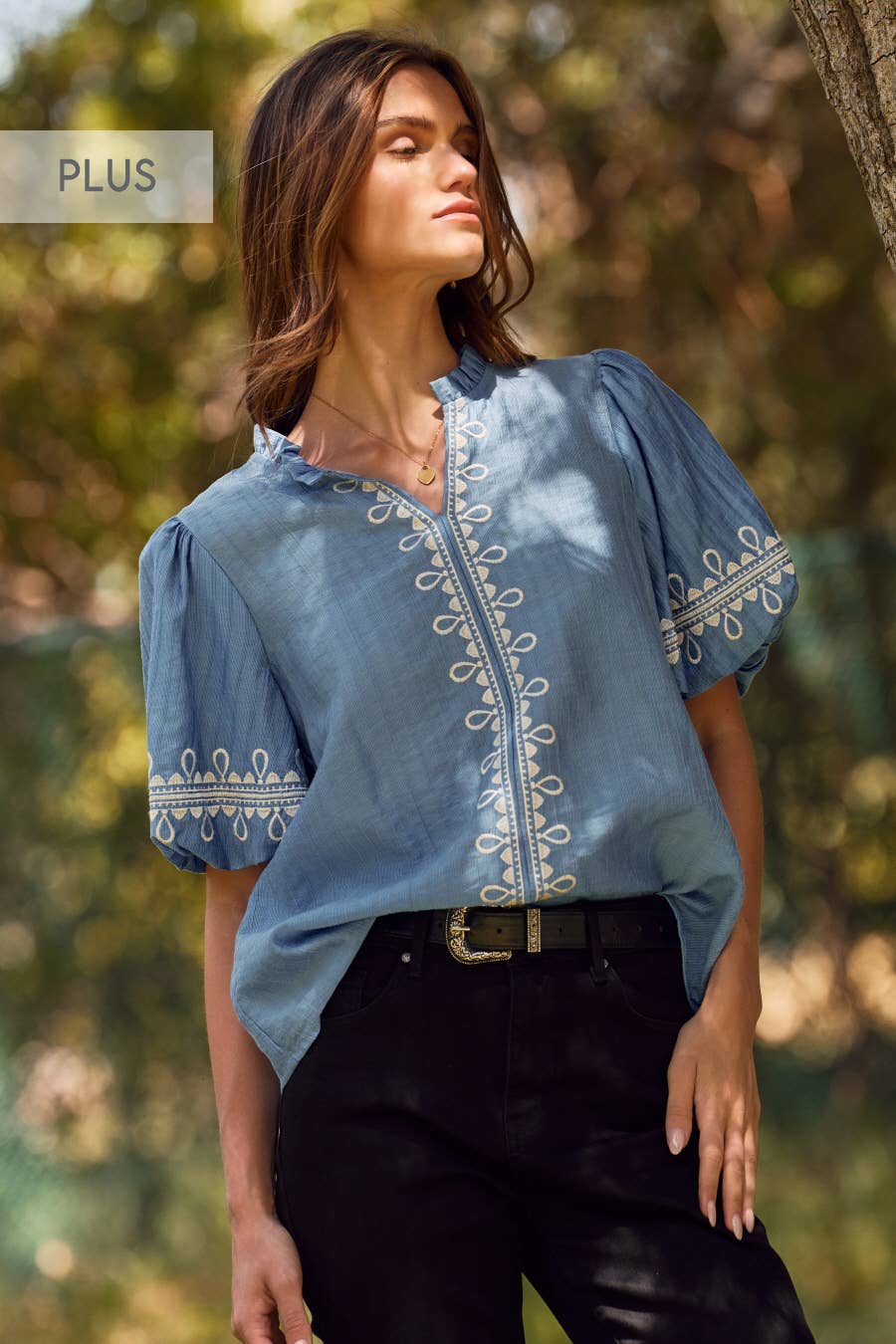 Oddi - Wholesale Blouse - Women's - Plus Solid Embroidered Short Bubble Sleeve Blouse0