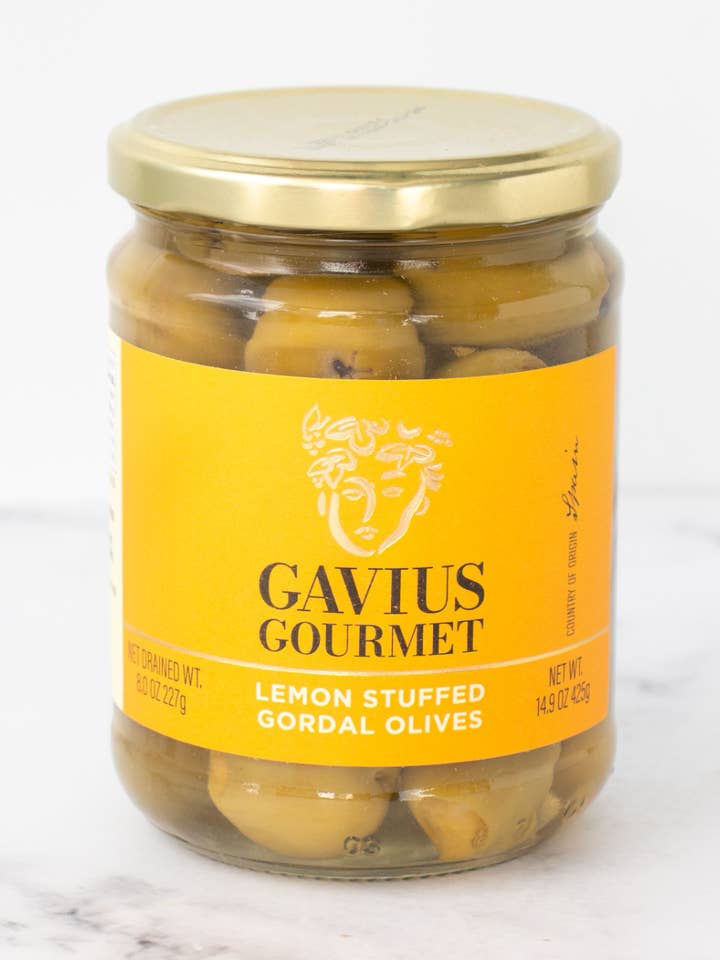 Lemon Stuffed Pitted Queen Olives for wholesale by Seasons Olive Oil & Vinegar Taproom