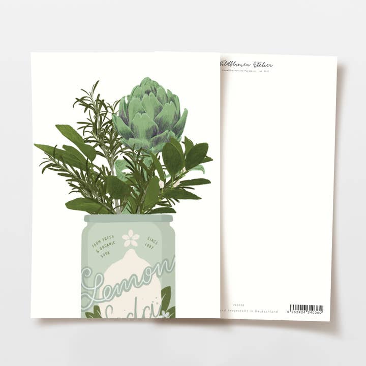 Mediterranean lemonade can postcard, FSC certified for wholesale by Wildblumen Atelier