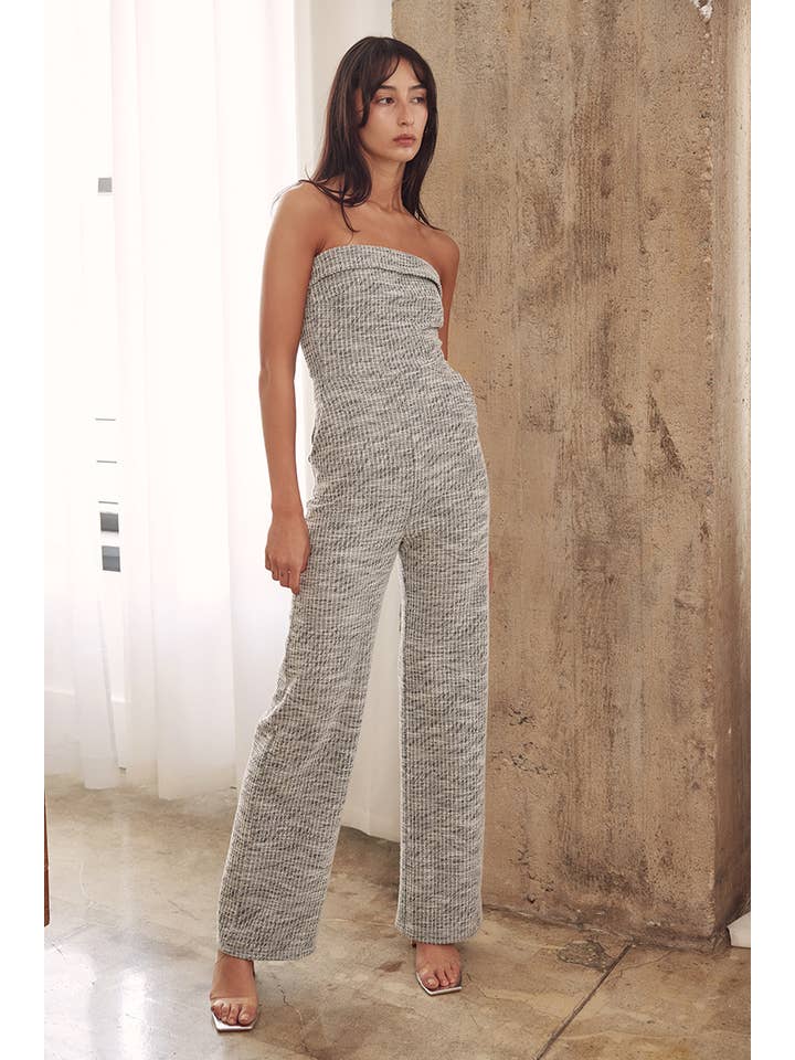 GREY WHITE STRETCHY TWEED STRAPLESS WIDE LEG JUMPSUIT-PI6522FO for wholesale on Faire