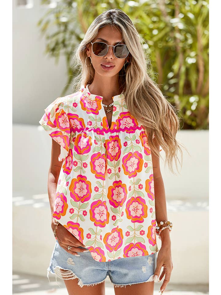 Rose LDC Boho Floral Print Ricrac Ruffle Sleeve Blouse for wholesale on Faire