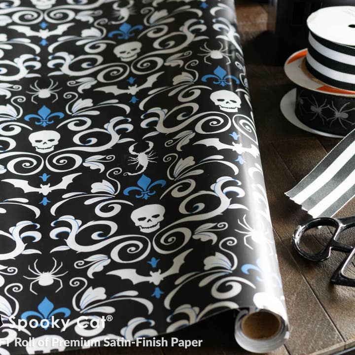 Skull Damask Gift Wrap - Black (8ft Roll) for wholesale by Spooky Cat Press