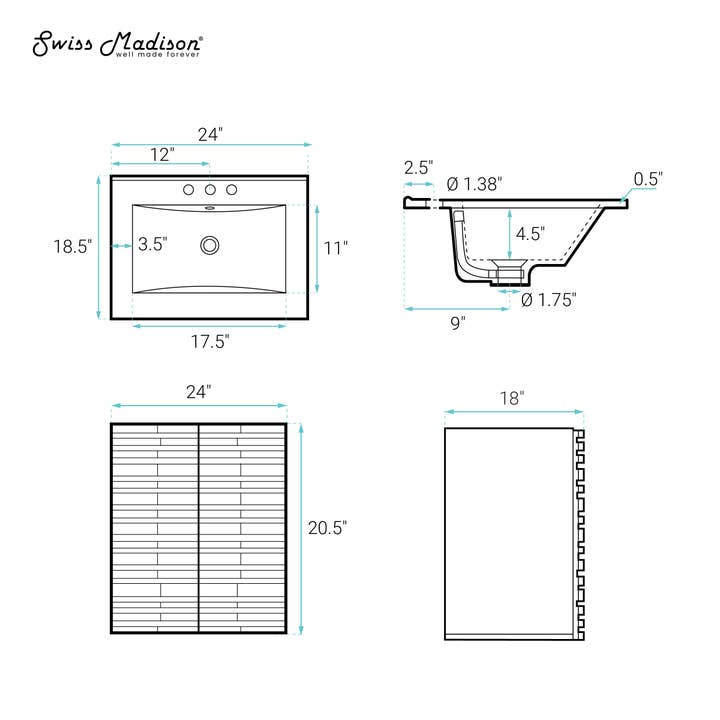 Cascade 24" Vanity Brown Oak Black Centerset Sink for wholesale by Swiss Madison