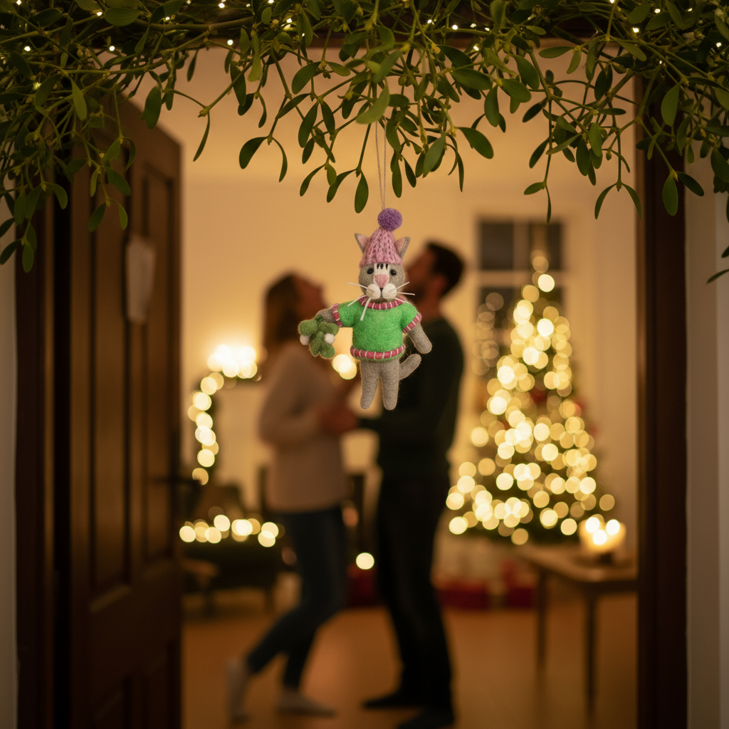 Felt So Good - Vendita all'ingrosso Decorazione - Decorazione natalizia a forma di gatto con vischio in feltro fatto a mano5