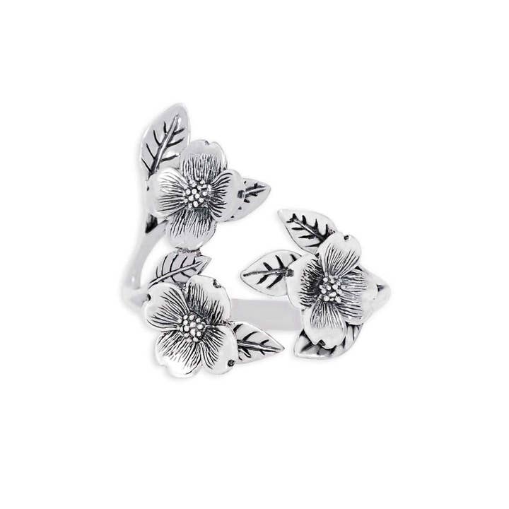 Nina Designs - Wholesale Cocktail/Statement Ring - Silver or Bronze Adjustable Dogwood Flower and Leaf Ring