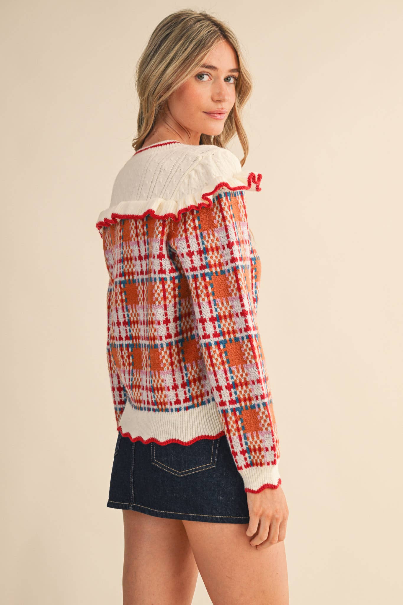 &MERCI - Wholesale Cardigan - Women's - RUFFLED YOKE PLAID SWEATER CARDIGAN MSW1118525