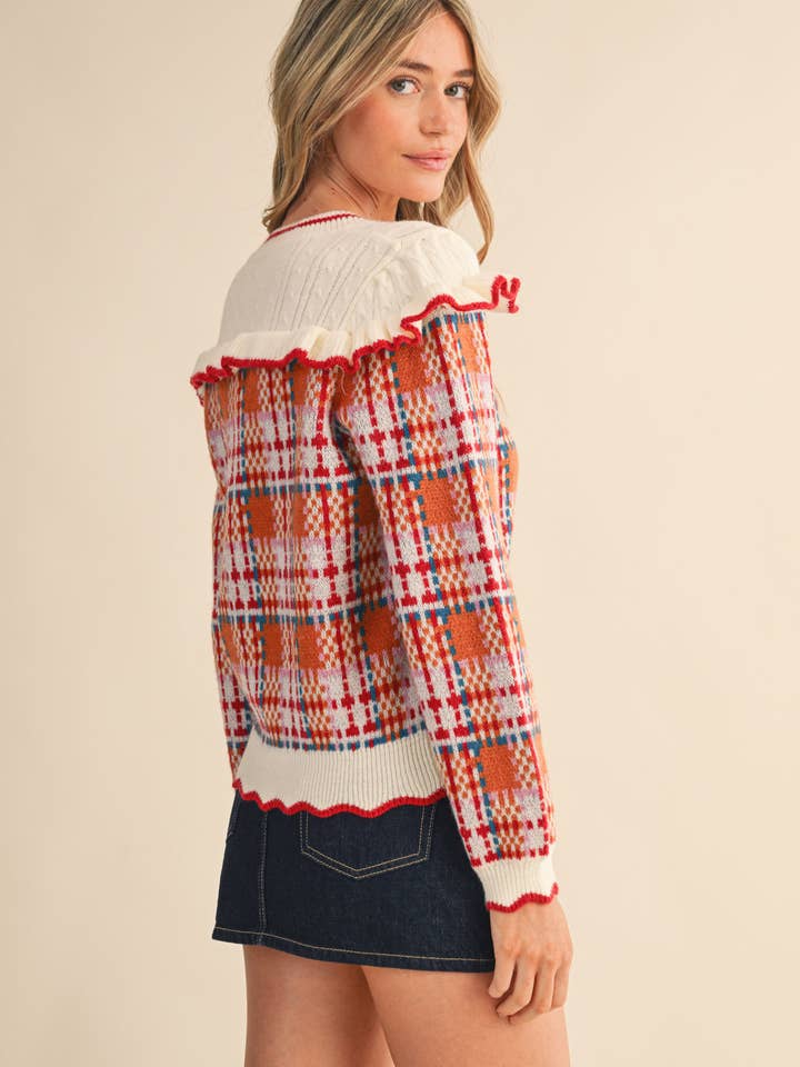 &MERCI - Wholesale Cardigan - Women's - RUFFLED YOKE PLAID SWEATER CARDIGAN MSW1118525