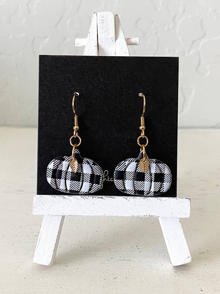 pompoenoorbellen, hanger, zwart en wit, plaid, schattig voor wholesale door midnightclayco