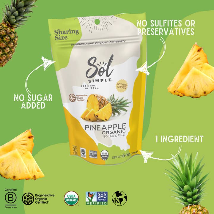 Sol Simple – Großhandel Getrocknete/dehydrierte Früchte – Regenerative Bio-zertifizierte solargetrocknete Ananas — 3 Unzen