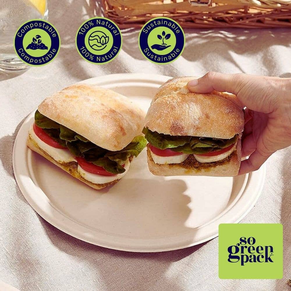 Sogreenpack - Wholesale Disposable Plate - 10" Bagasse Round Plate 100% Compostable Natural 125 Packs7