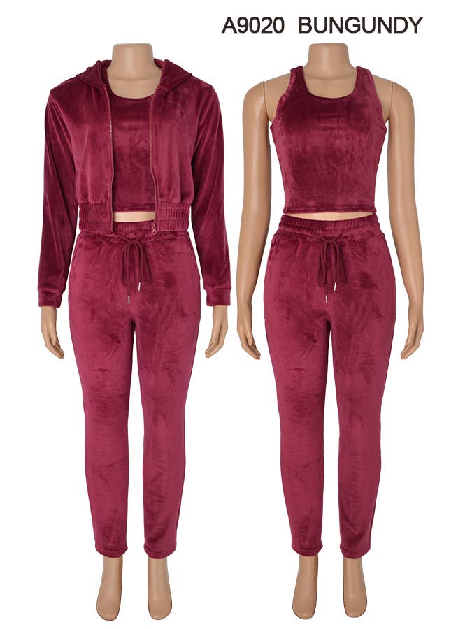 SSImport - Wholesale Lounge Set - Women's - A9020 3PCS/SET VELVET HOODIE JACKET TOP PANTS MIXSIZE 12SET