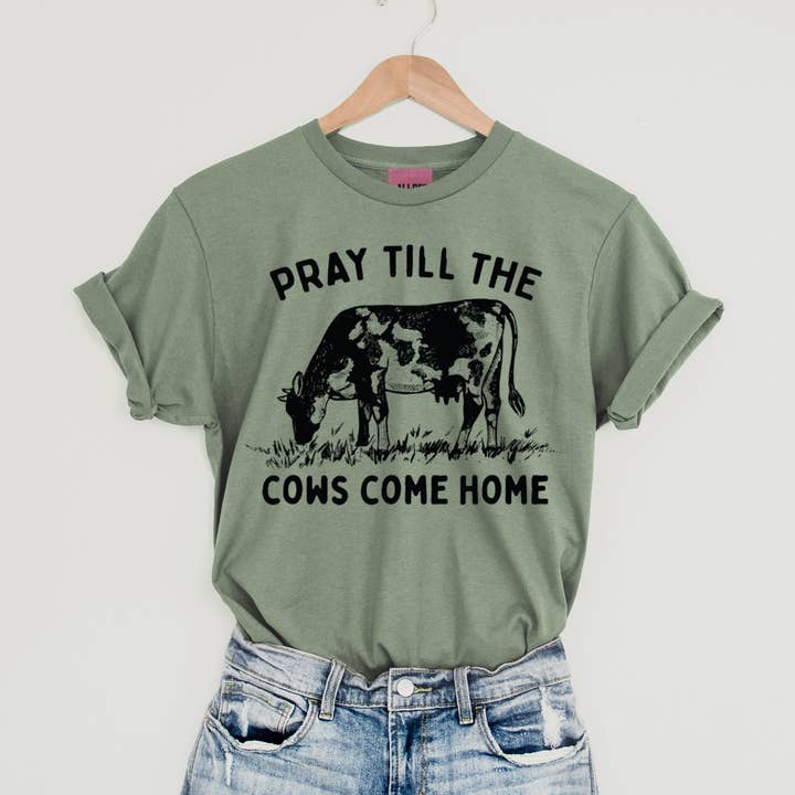 Ali Dee - Wholesale Screen Printed T-Shirt - Women's - Pray Til The Cows Come Home Graphic Tee - Heather Sage