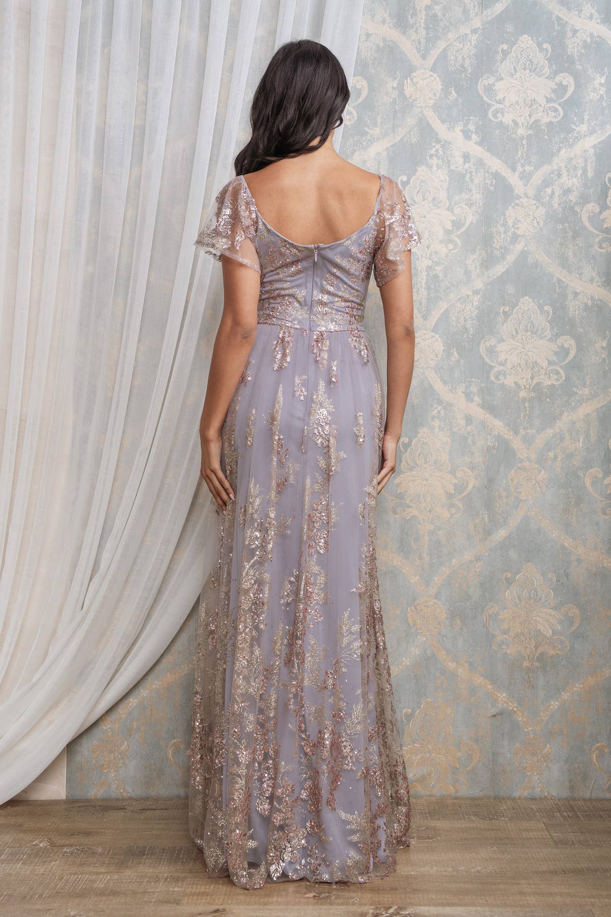 Rosemore Couture - Wholesale Gown - Women's - Glitter Sequined Flutter Sleeve Maxi Dress 6