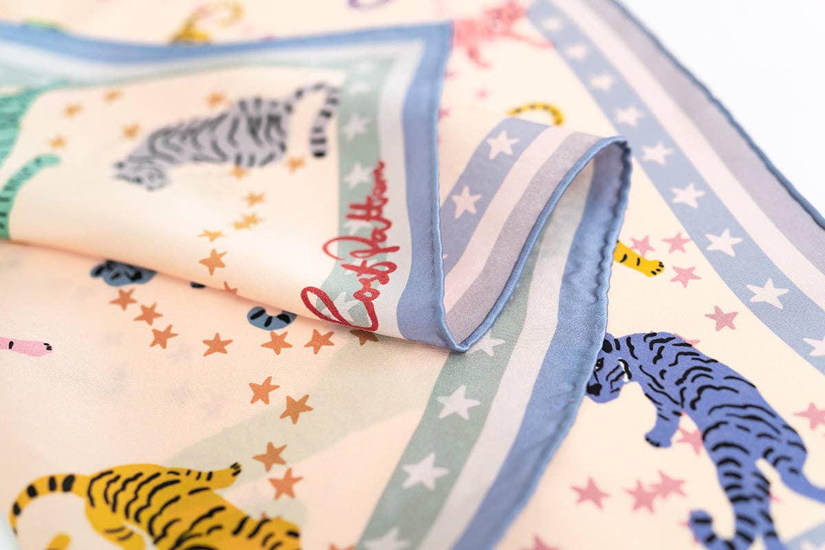 Dusty Blue "Neon Tigers" Silk Bandana Scarf for wholesale on Faire7