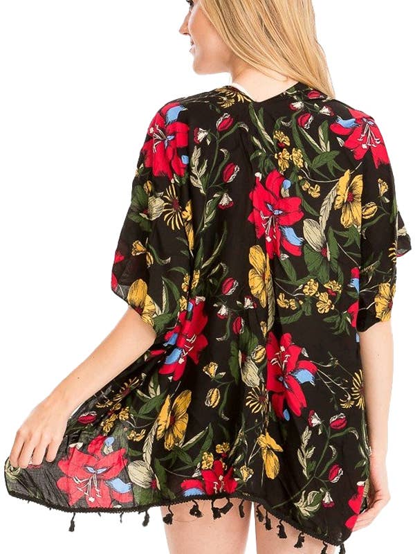 Red Gardenia Chiffon Lace Crochet Trimming Kimono for wholesale by Cap Zone