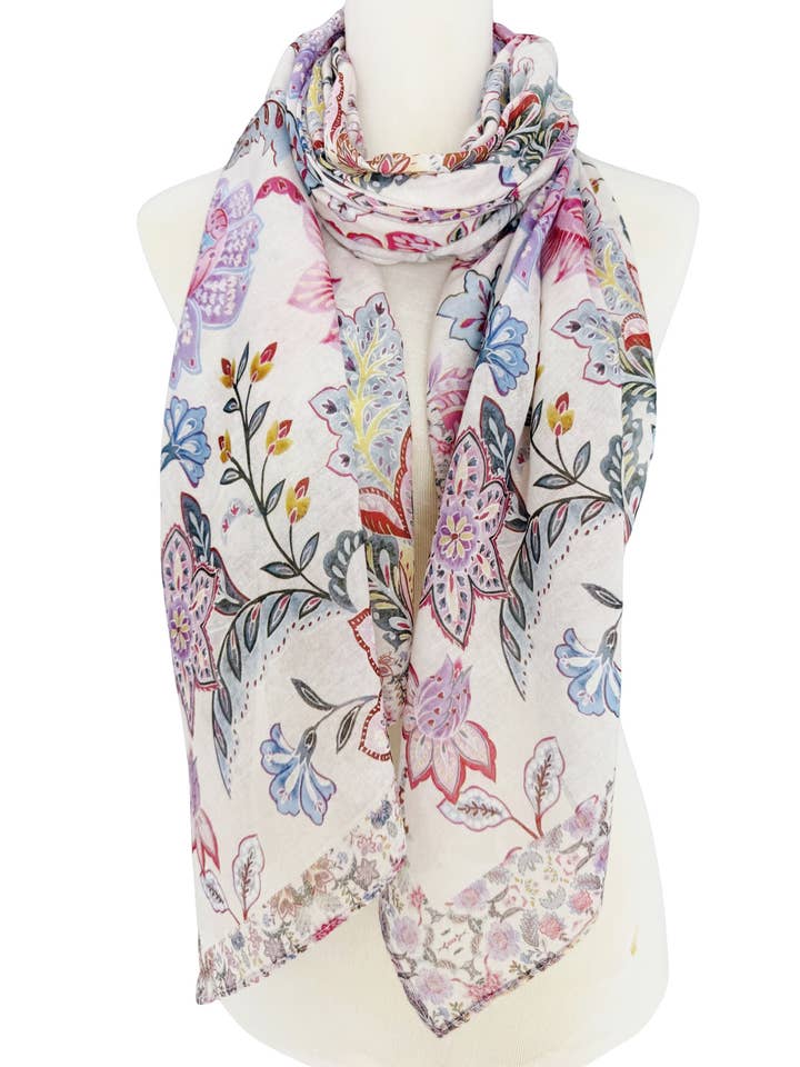 Pink-Multi Boho Floral Lightweight Soft, Artistic Scarf for wholesale by JC Sunny Fashion