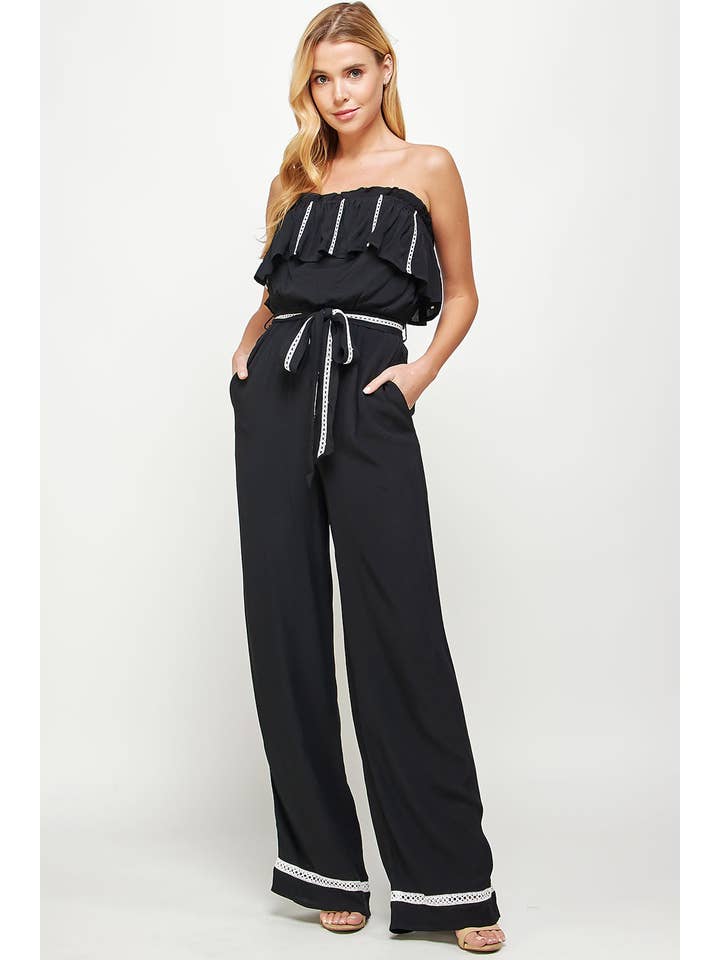 Strut & Bolt - Wholesale Jumpsuit - Women's - Crochet Lace Trim Strapless Ruffle Jumpsuit