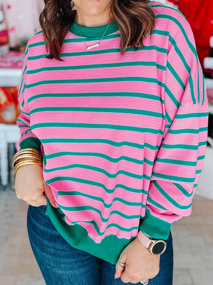 Roze sweatshirt met wafelpatroon en ronde hals en grote maten voor wholesale door Kristine Leah