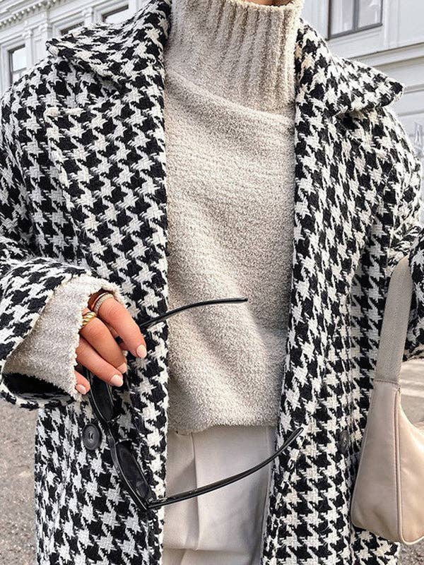 BLACK Long Sleeves Loose Houndstooth Split-Back Split-Joint Tied Waist Lapel Trench Coats for wholesale on Faire