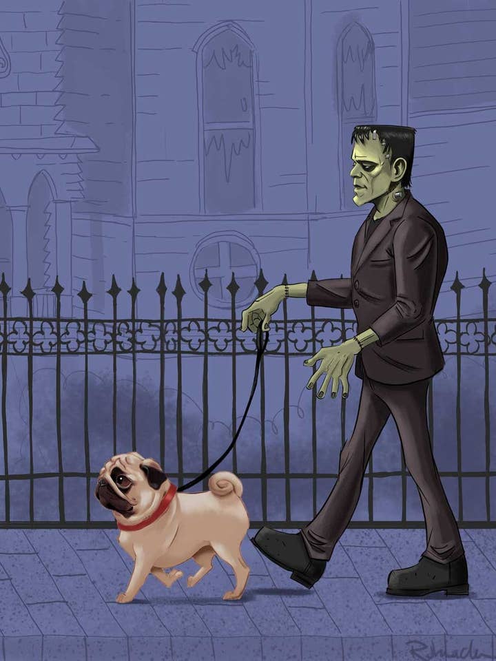 Kunstdruck Mops, Frank'n Monster Walking His Pug, Hund für den Großhandel von Brian Rubenacker studios