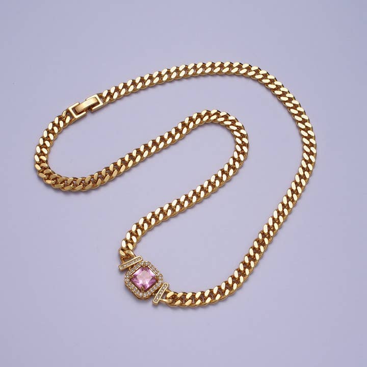 Aim Eternal - Wholesale Link & Chain Necklace - Gold 18 Inch Micro Paved Baguette CZ Flat Curb Link Chain Necklace | WA-1200 -- WA-1218