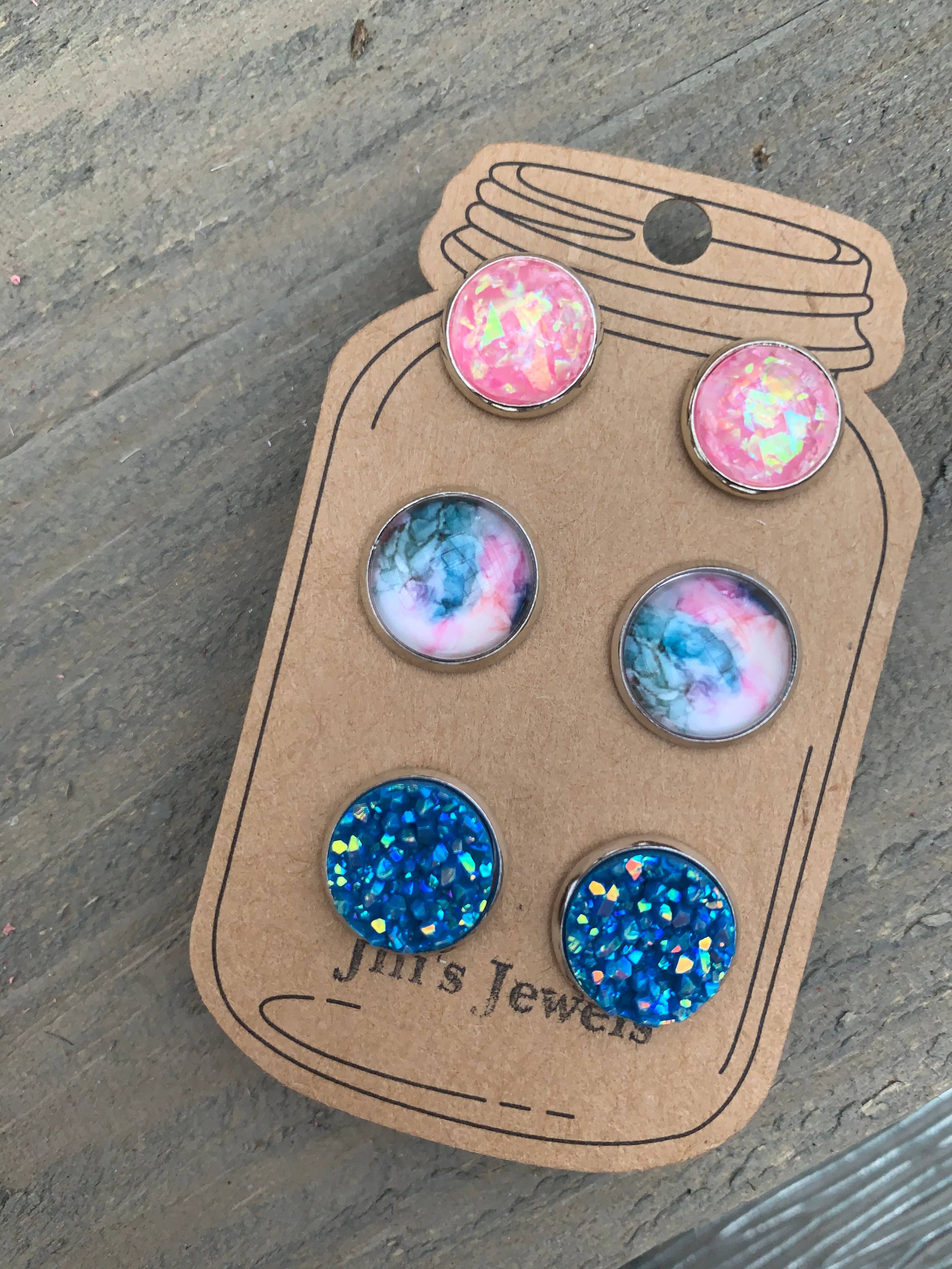 Jill's Jewels - Wholesale Jewelry Set - Blue and Pink Marble Triple Faux Druzy 3 Earring Set0