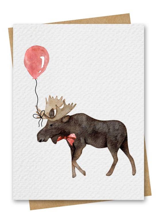 Aquarell-Elch mit rotem Ballon Geburtstagskarte für den Großhandel von Paper Kuts
