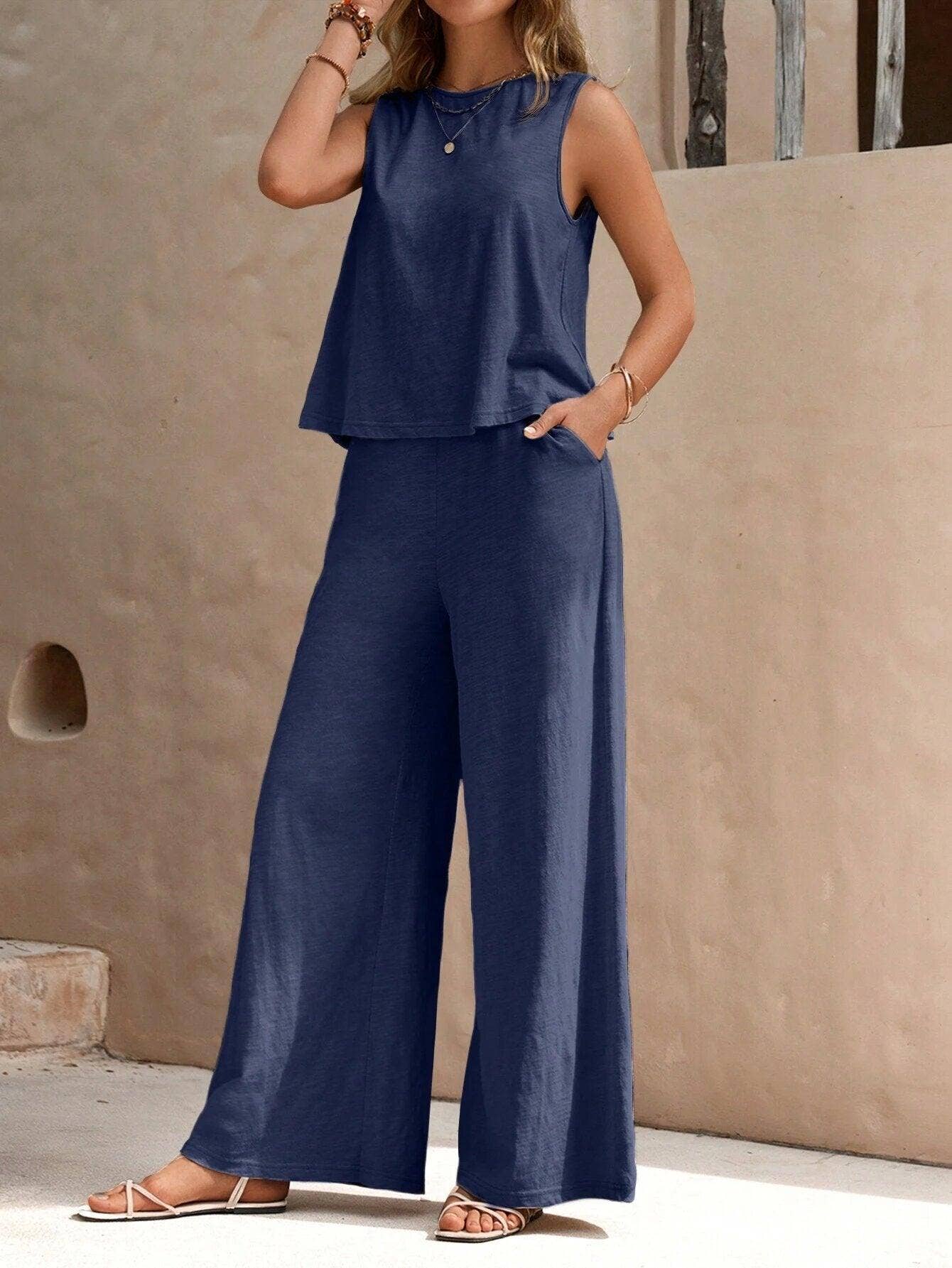 Sweetkama - Wholesale Top & Pant Set (NOT Loungewear) - Women's - Ladies Solid Color Sleeveless Vest and Pants Sets AXR36615