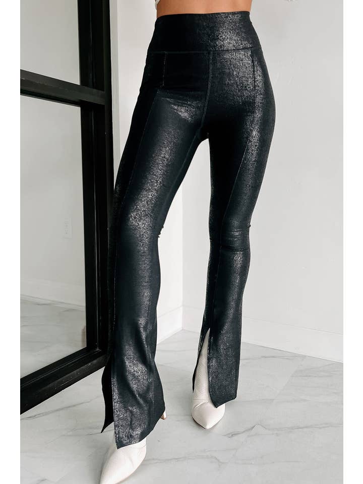 Black Faux Leather Split Hem Leggings for wholesale on Faire
