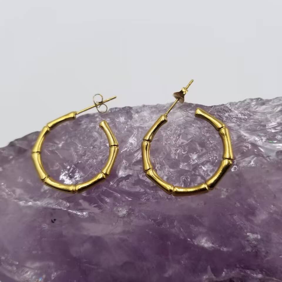14K YELLOW GOLD BAMBOO HOOP EARRINGS 1in CLASSIC RETRO ESTATE VINTAGE  TEXTURED