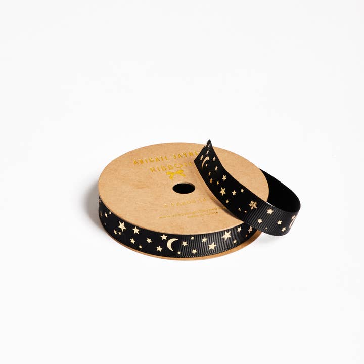 Abigail Jayne Design - Wholesale Ribbon - Gift Wrapping - Gold Star Black Grosgrain Ribbon