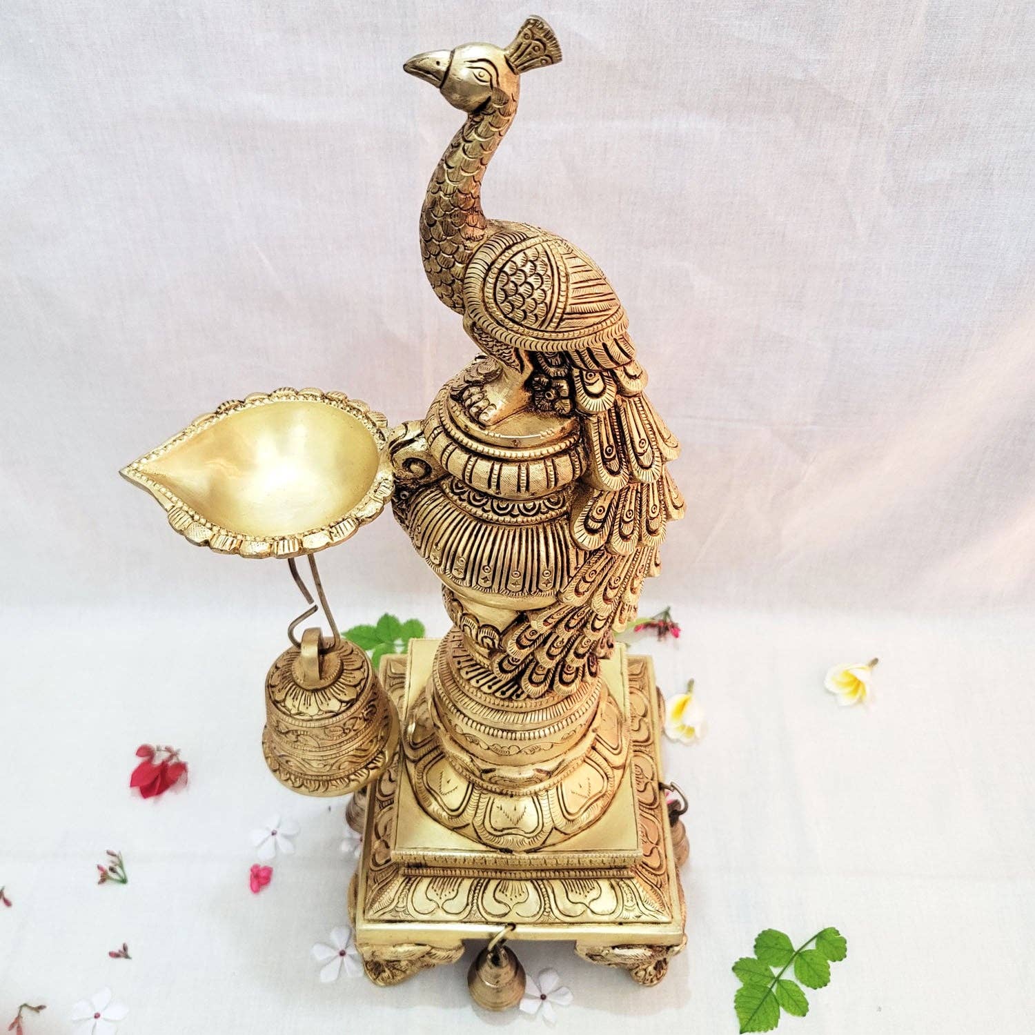 Golden Traditional Brass Peacock Diya 19" for Pooja | Decorative Brass Peacock Diya Temple for wholesale on Faire4