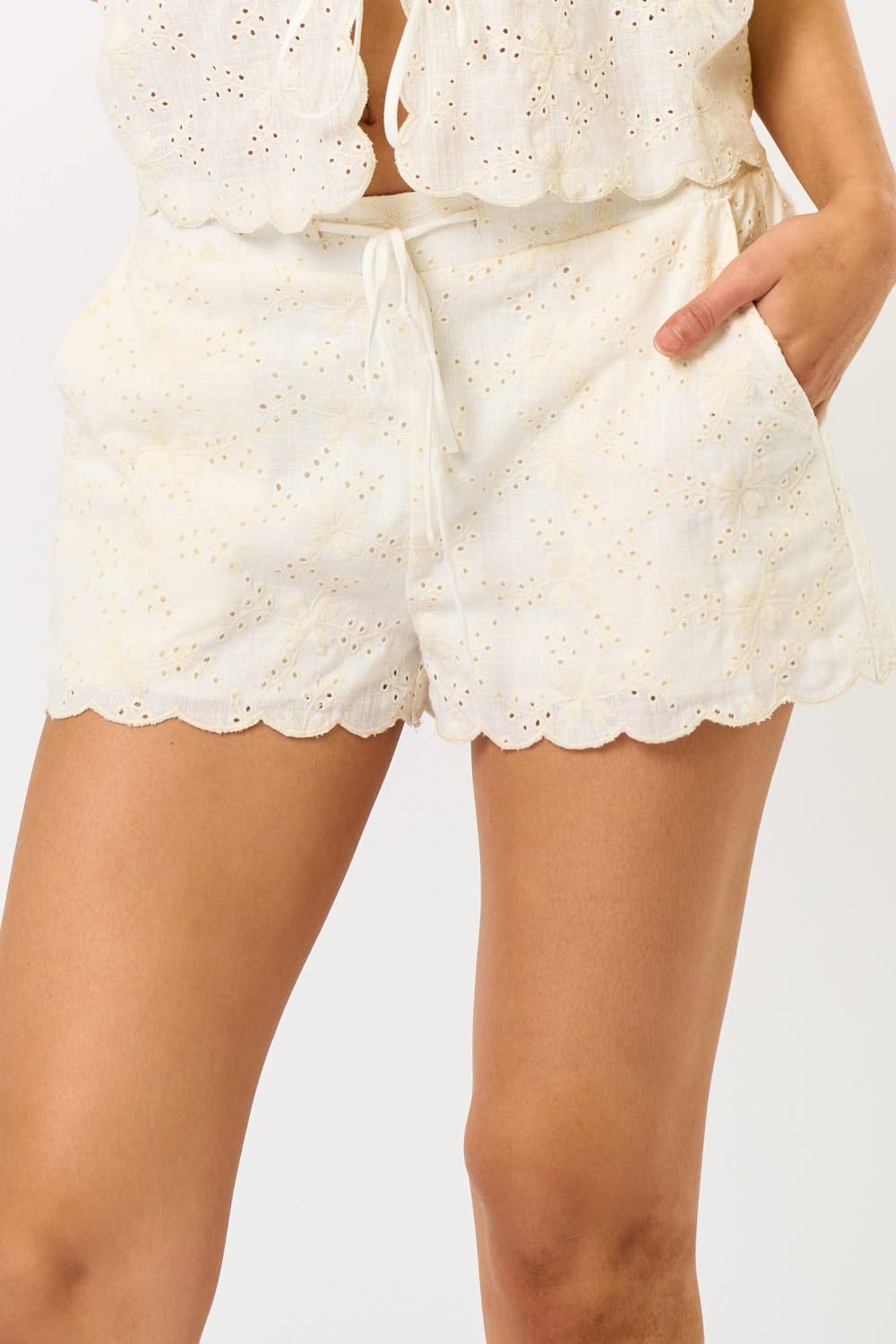 Blue Blush - Wholesale Top & Short Set (NOT Loungewear) - Women's - IBS32189 Linen Eyelet Tie Front Top with Matching Shorts8