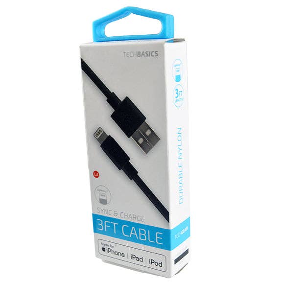 Tech Basics USB to MFI Lightning 3ft Cable - 12/Display for wholesale by Novelty Brands