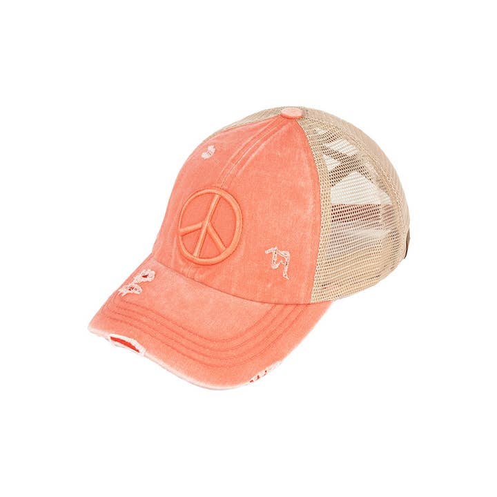 Hana - Wholesale Ponytail Cap - Women's - C.C Peace Sign Distressed Criss Cross Pony Cap