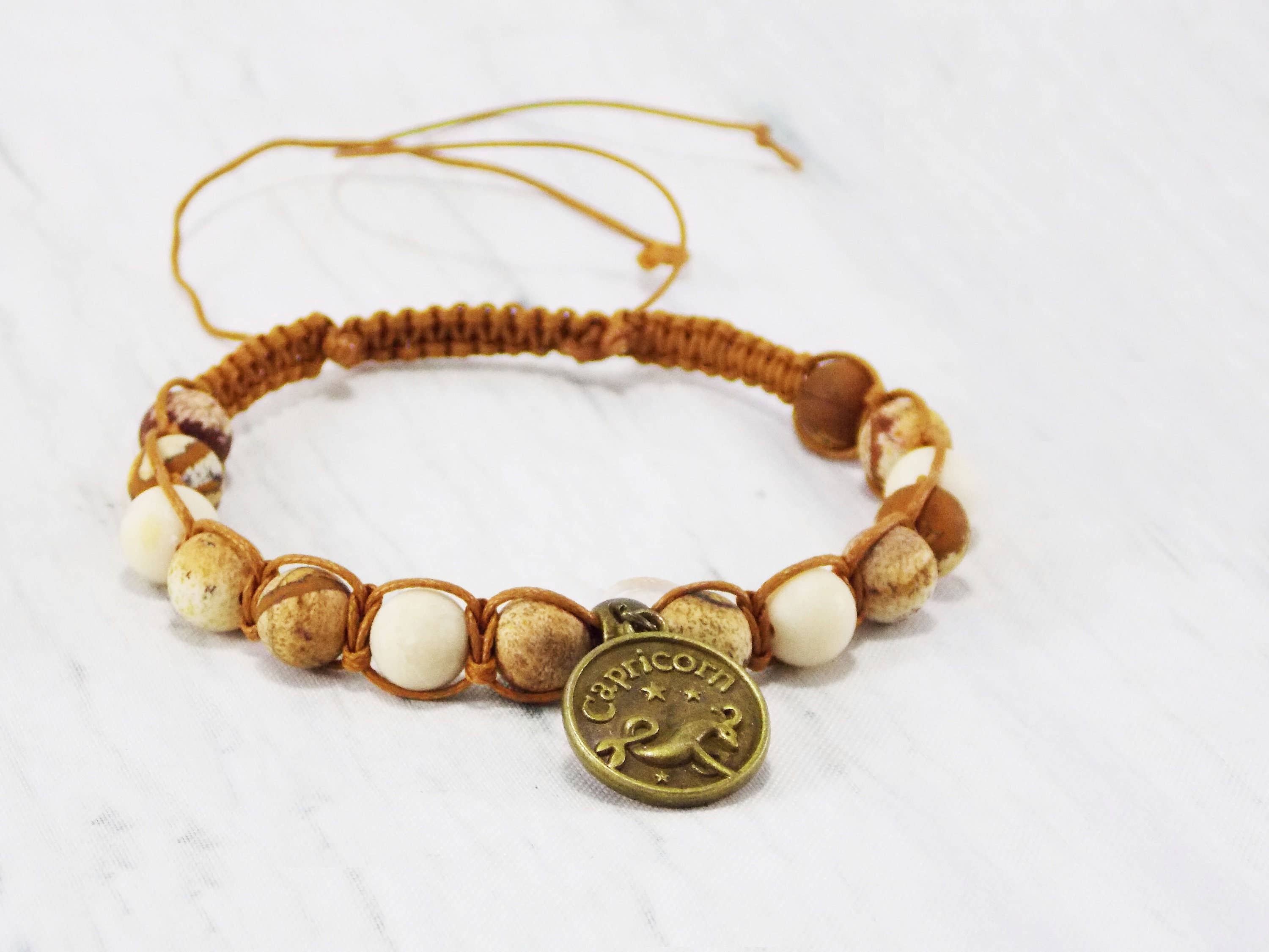 Ninolia - Venta al por mayor Pulseras de abalorios/colgantes - Pulsera Capricornio con dije de signo del zodíaco de cabra de 8 pulgadas de largo, piedra preciosa unakita macramé, regalos de cumpleaños de enero4