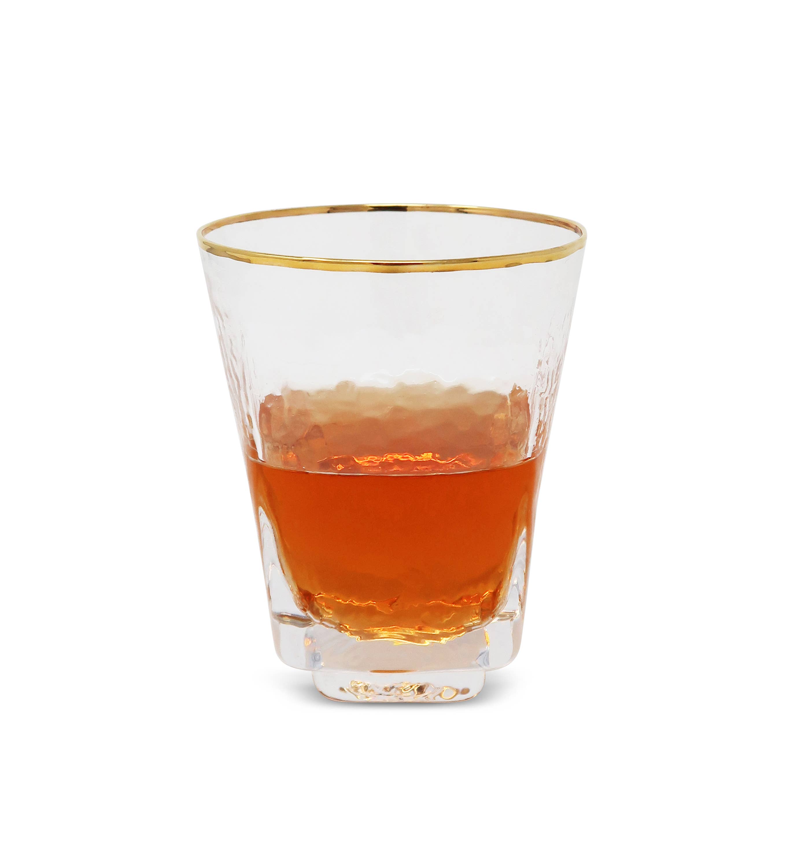 VIVIENCE - Wholesale Cocktail/Liquor Glass - Set of 6 Square Shaped Hammered Glasses with Gold Rim5