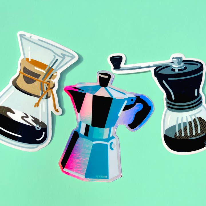 Coffee Lineup Sticker - Clear, Holographic | Case of 3 for wholesale by I NEVER DRAW