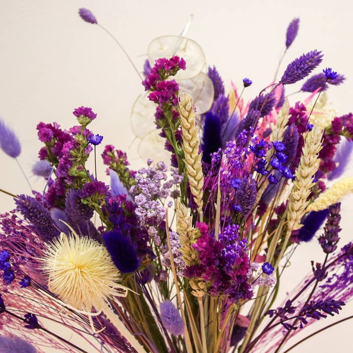 Lilla tørret blomsterbuket | Lys mørk lilla kanin for engroshandel hos Wildestdreams.flowers