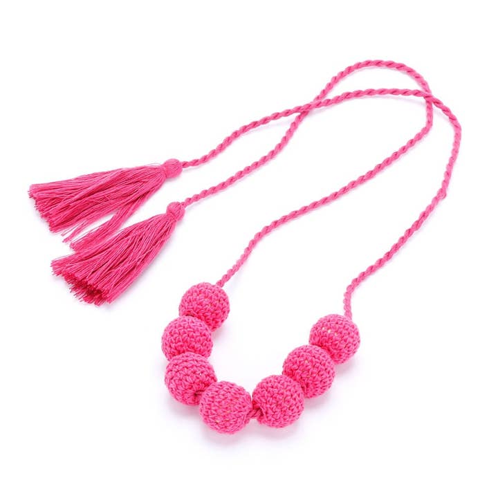 Girls Artisan Knit Bead Fringe Necklace - Peony Pink for wholesale by Peppercorn Kids