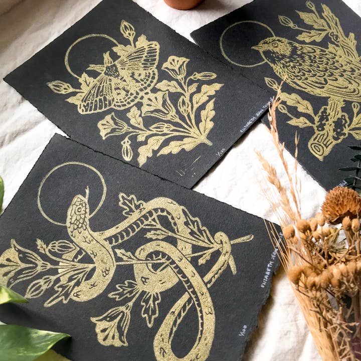 Mustard Beetle - Wholesale Art Print - IO Moth & Poppies Handprinted Linocut on Handmade Paper 5x7"6